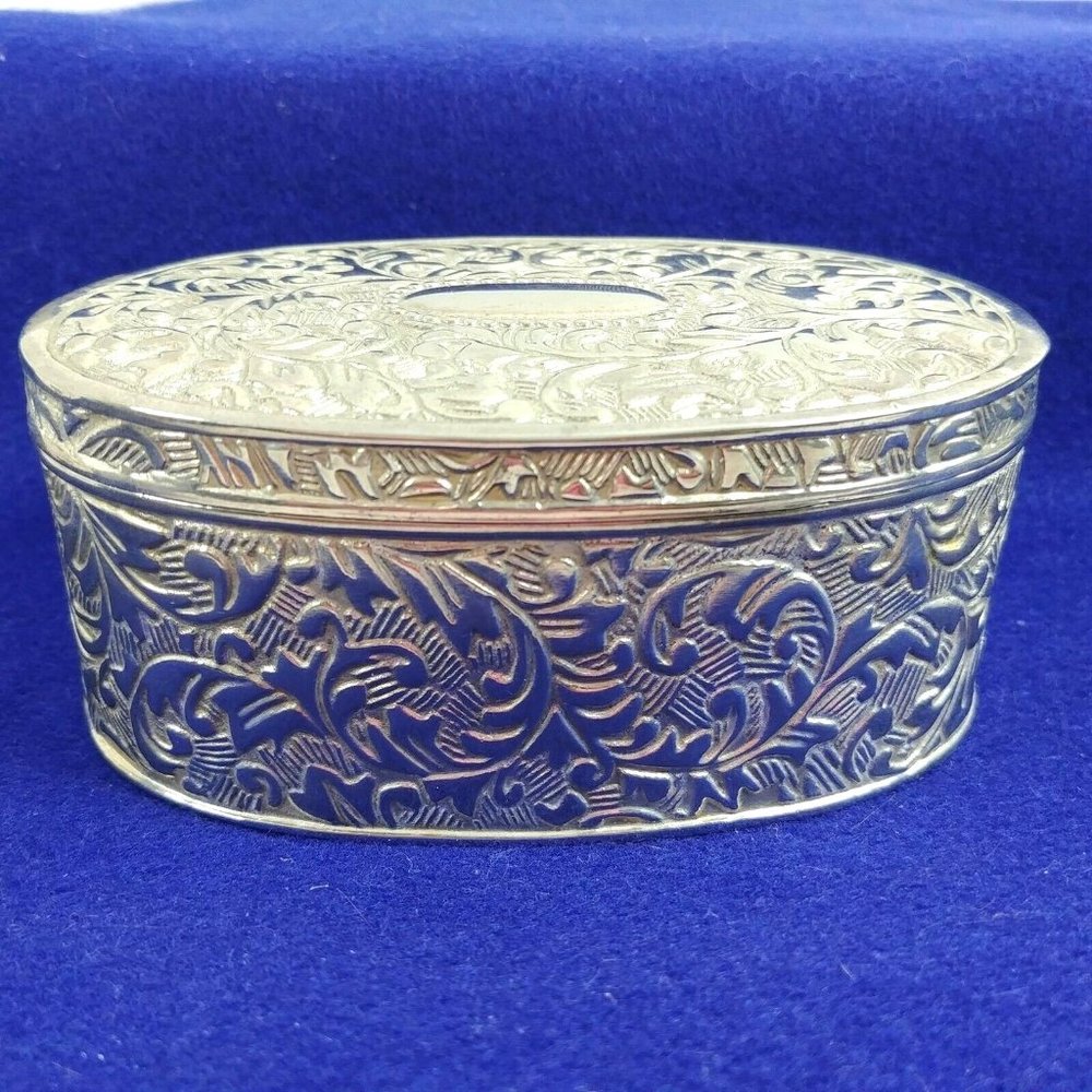 Trinket Vanity Jewelry Earring Box Embossed Metal Scroll Design Velvet Lined